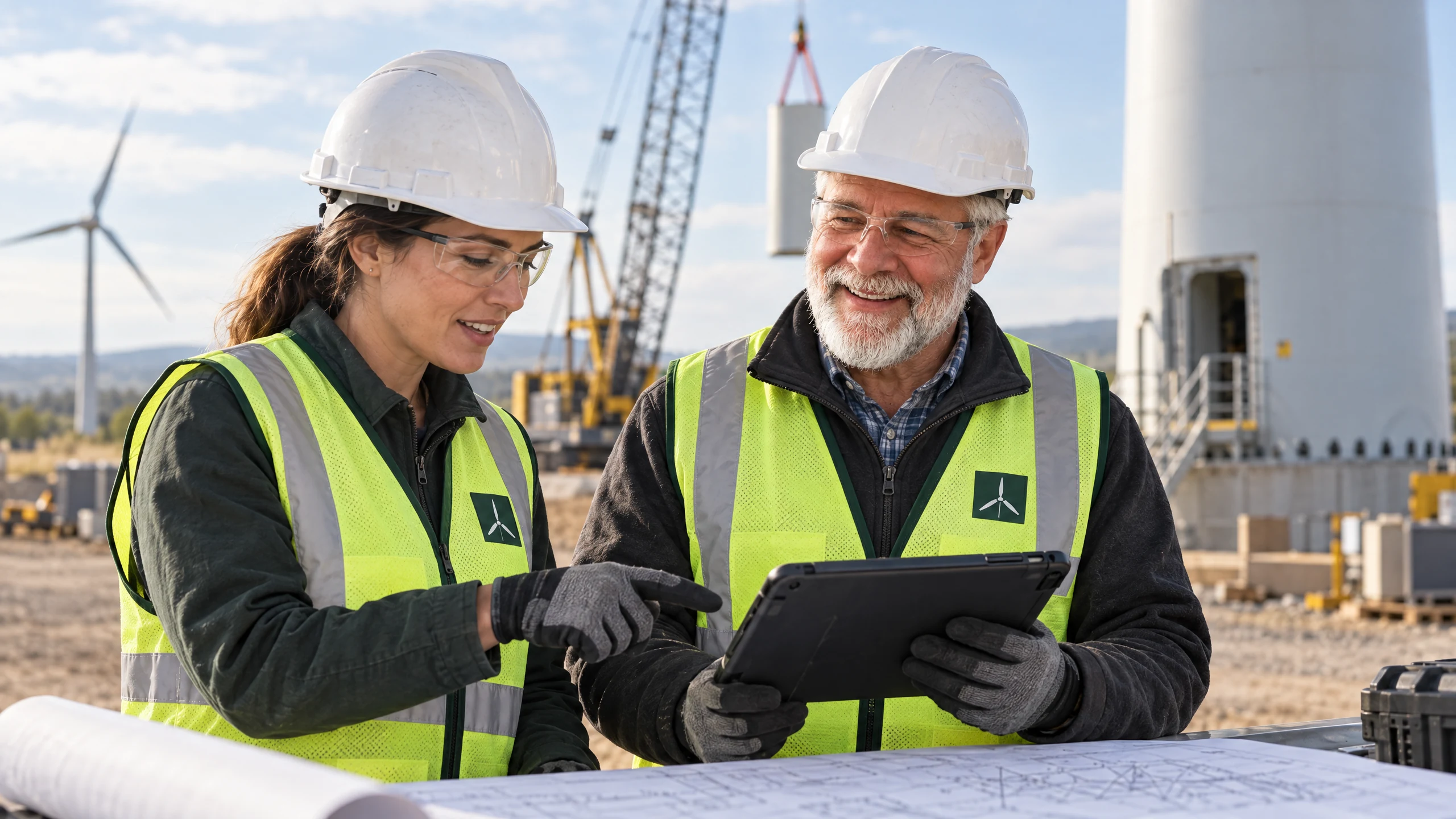 AI-generated concept, based on the supplied portrait, of Edward Larson reviewing a project plan with a fictional engineer in company-style high-visibility vests and white hard hats at a wind installation.