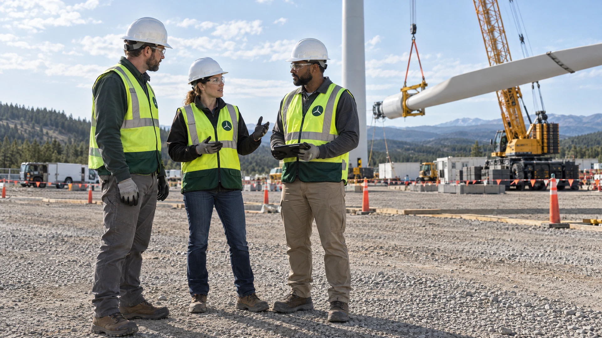 AI-generated concept of three fictional adult wind-energy workers in matching company-style chartreuse vests and white hard hats holding a safety briefing outside a marked crane-lift exclusion zone.