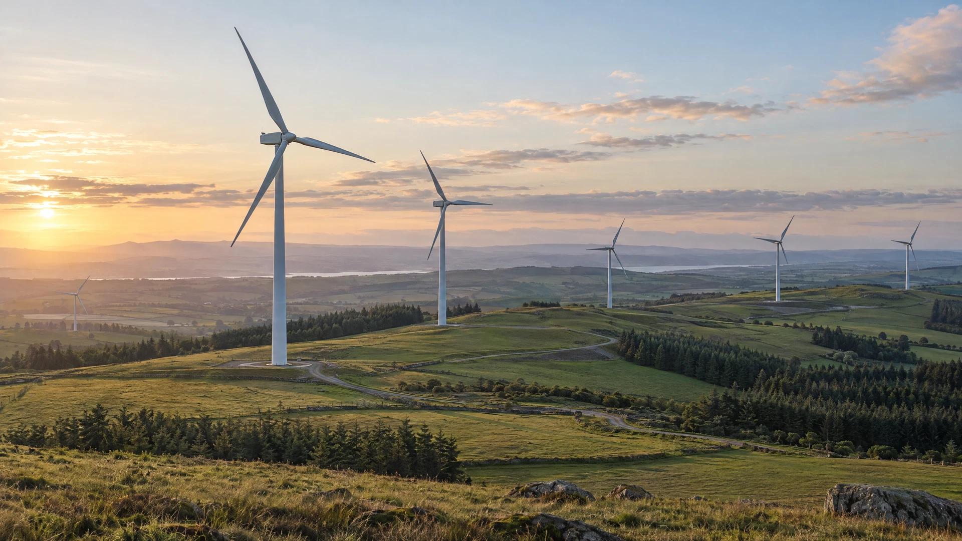AI-generated illustrative concept of a completed onshore wind installation with fully assembled three-bladed turbines across rolling agricultural uplands; not a verified EJ Legacy Energy site.