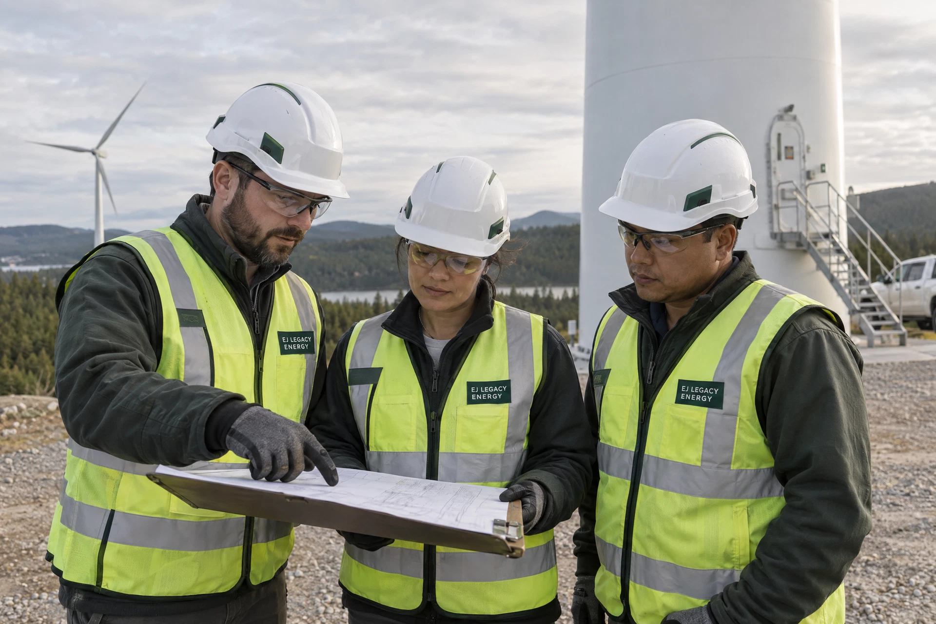 AI-generated concept of fictional wind-energy workers in EJ Legacy Energy-style chartreuse vests and white safety helmets reviewing a site plan at a turbine base.