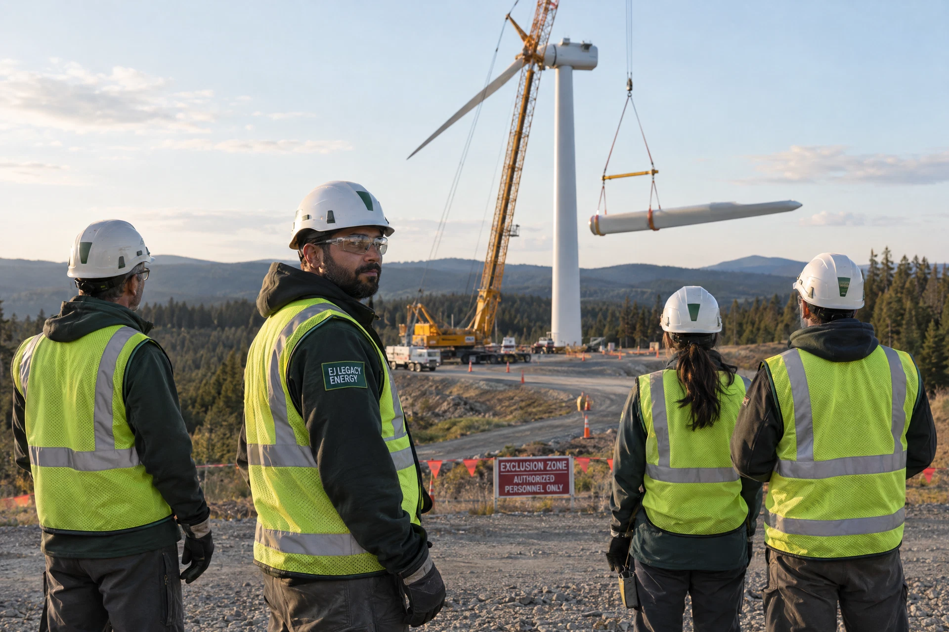 AI-generated concept of fictional wind-project workers in branded high-visibility vests and hard hats observing a controlled turbine lift from a safe distance.