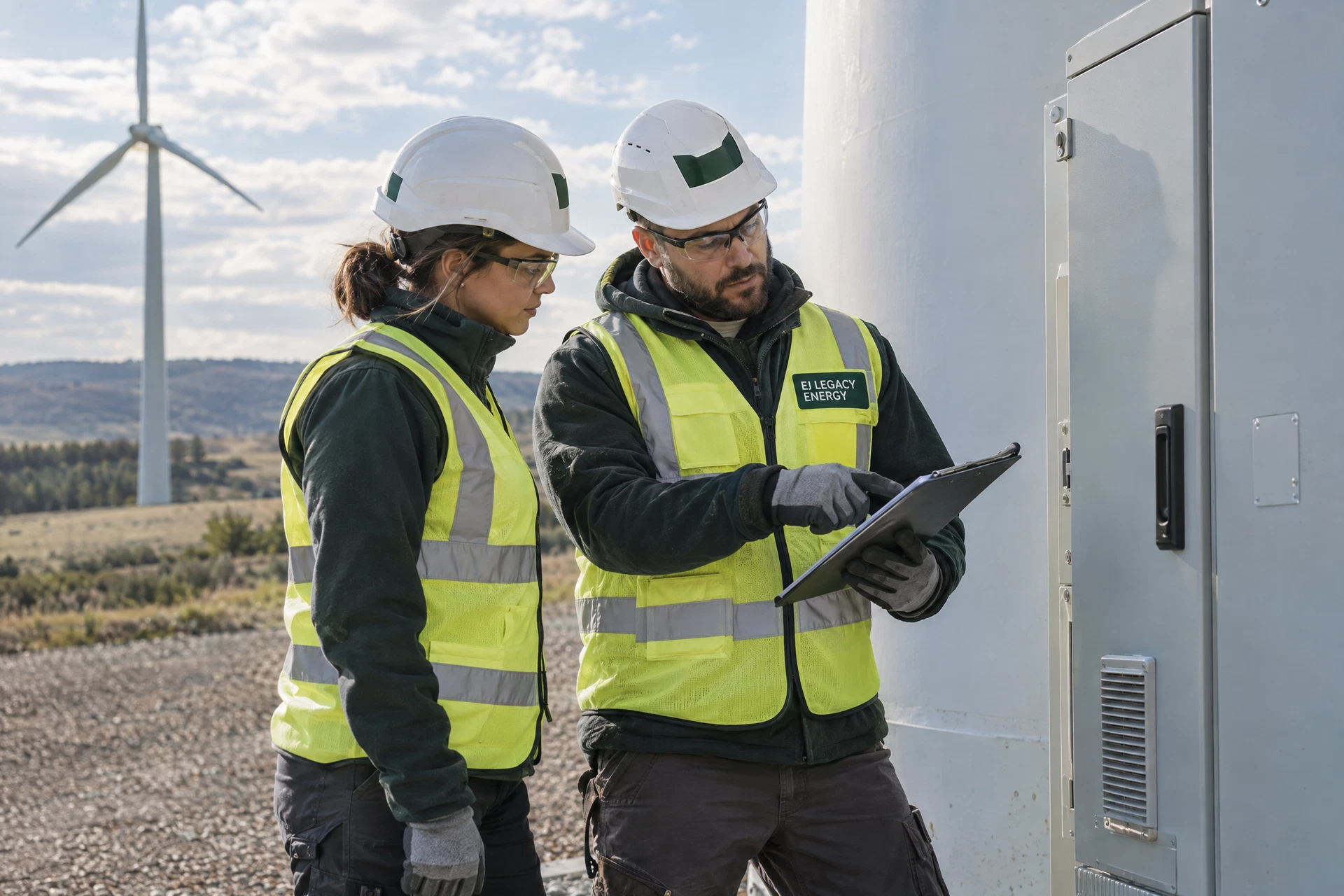 AI-generated concept of fictional wind technicians in EJ Legacy Energy-style safety vests and white helmets inspecting a closed ground-level turbine control cabinet.