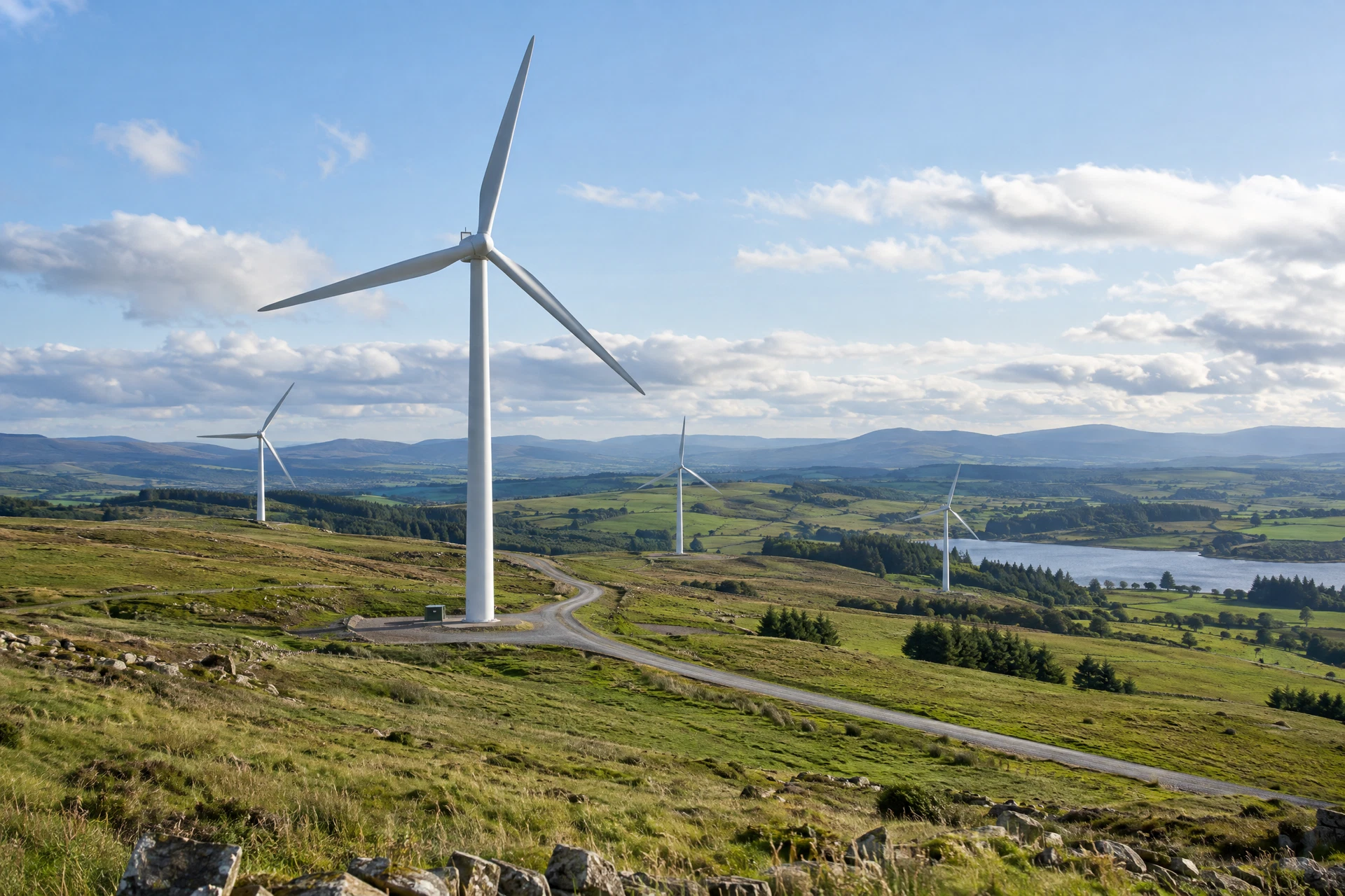 Illustrative view of fully assembled wind turbines across green agricultural uplands; not a verified company site.
