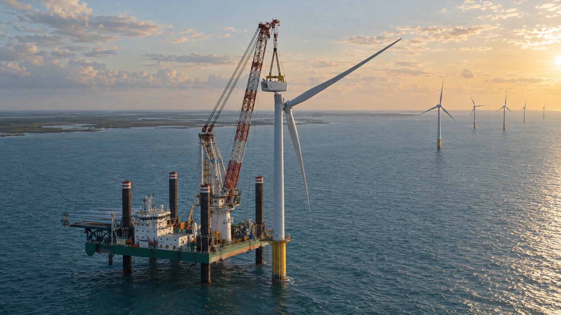 AI-generated concept of a wind-turbine installation vessel beside offshore turbines in the Gulf of Mexico.