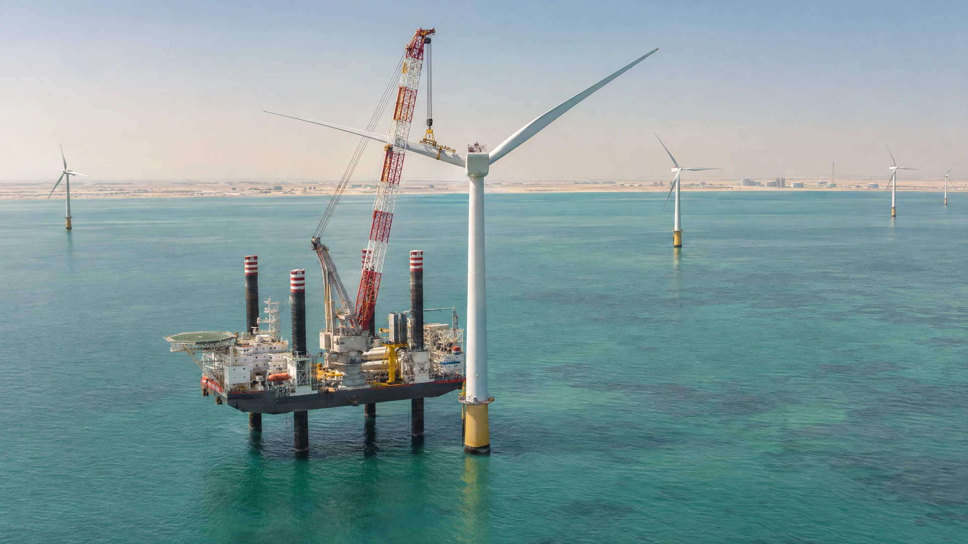 AI-generated concept of offshore wind-turbine installation in the Arabian Gulf off Qatar, with a low sandy coast.