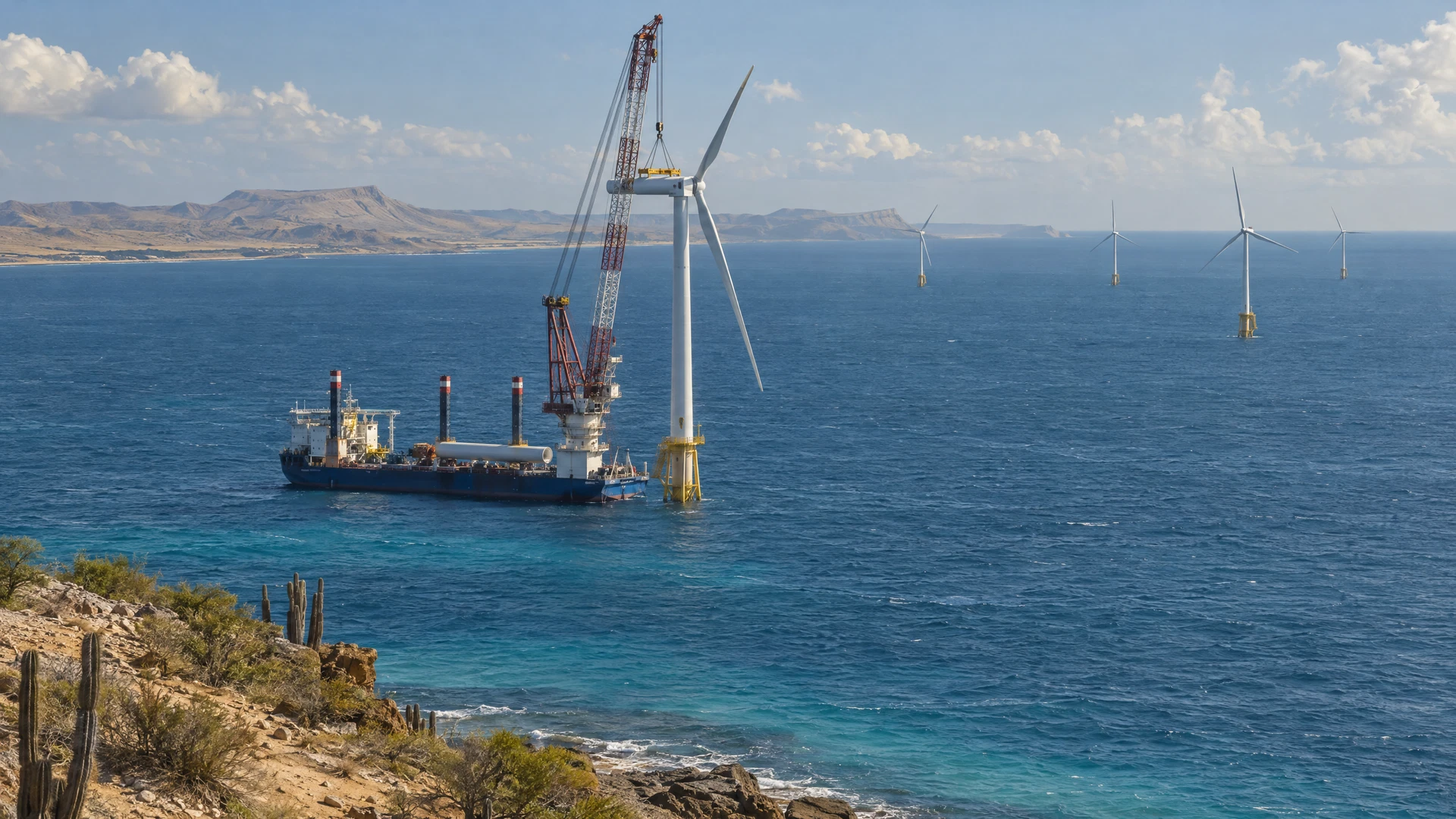 AI-generated concept of offshore wind-turbine installation over blue water by the arid Gulf of Venezuela coast.